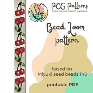 Puede incluir: Un patrón de telar de cuentas PDF imprimible con un diseño de cerezas. El patrón se basa en cuentas de semillas Miyuki 11/0. La imagen incluye el texto "PCG Patterns" y "Bead loom & Peyote patterns".