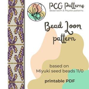 May include: A printable PDF bead loom pattern with the text "PCG Patterns" and "Bead loom & Peyote patterns." The design is based on Miyuki seed beads 11/0. The image features a colorful beaded pattern in purple, yellow, and white.