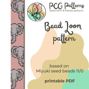 Könnte beinhalten: Ein druckbares PDF-Perlenwebmuster mit einem sich wiederholenden Elefantenmuster in Grau und Weiß auf rosa Hintergrund. Das Muster basiert auf Miyuki-Saatperlen 11/0. Das Bild enthält den Text "PCG Patterns" und "Bead loom & Peyote patterns".