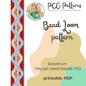 Könnte beinhalten: Ein druckbares PDF-Webstuhl-Muster mit dem Text "Bead Loom pattern" und "PCG Patterns". Das Muster basiert auf Miyuki-Saatperlen 11/0. Das Design zeigt ein rot-weiß-blaues Perlenmuster.