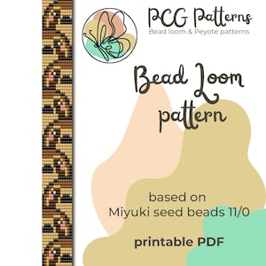 May include: A printable PDF bead loom pattern by PCG Patterns. The design features a repeating pattern of brown and tan pixelated animal faces. The text "Bead Loom pattern" is in a handwritten font, with additional text indicating the pattern is based on Miyuki seed beads.