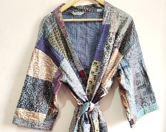 Silk patola Kantha Quilt Handmade Jacket Women Wear Indian Style Quilted Jacket bath robe, Comfortable night kimono jacket