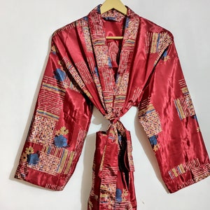 Recycled Crepe Silk Tie Dye Sari Boho Kimonos Regal House Robe Purple Green Aqua Embroidered Spring Summer Artistic Duster Beach Coverup