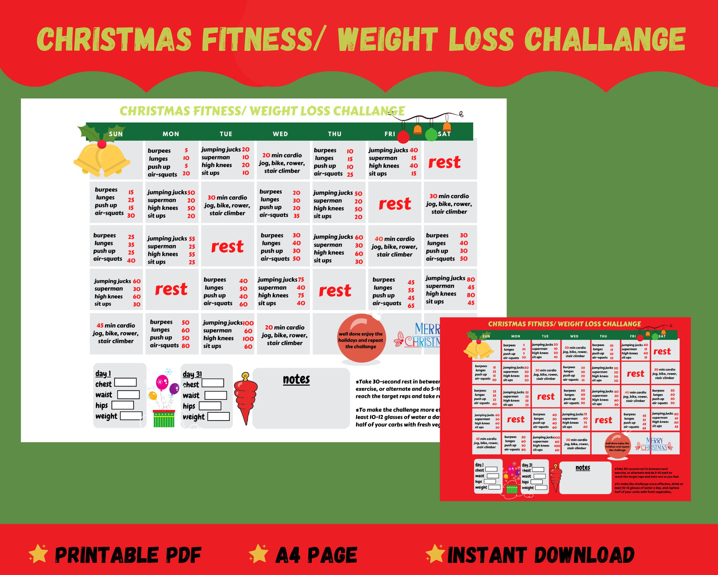Christmas 31 days fitness weight loss challenge printable Etsy