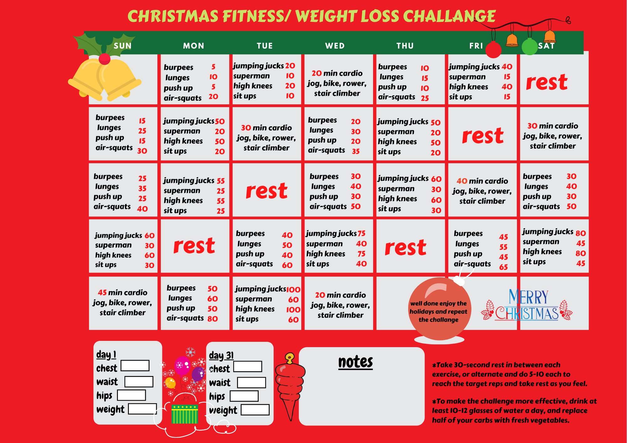 Christmas 31 days fitness weight loss challenge printable Etsy