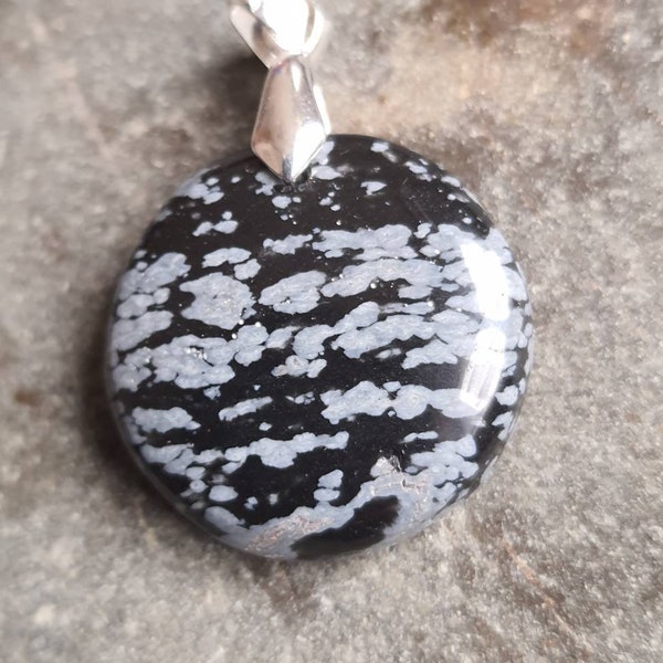 Pendentif cabochon obsidienne neige