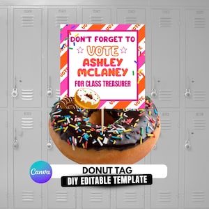 May include: A rectangular sign with a white center and orange and pink diagonal stripes, featuring the text DON'T FORGET TO VOTE ASHLEY MCLANEY FOR CLASS TREASURER, attached to a chocolate-frosted donut with colorful sprinkles on a wooden pick.
