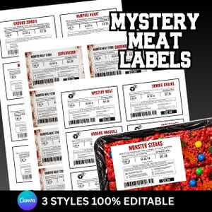 Puede incluir: Una colección de etiquetas rectangulares imprimibles con temas espeluznantes como Ground Zombie, Vampire Heart y Monster Steaks. Cada etiqueta blanca incluye un código de barras, precio, peso e instrucciones de manejo, algunas con manchas de sangre.