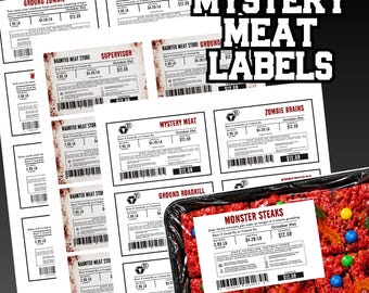 May include: A collection of printable rectangular labels featuring spooky themes like Ground Zombie, Vampire Heart, and Monster Steaks. Each white label includes a barcode, price, weight, and safe handling instructions, with some showing red blood-like splatters.