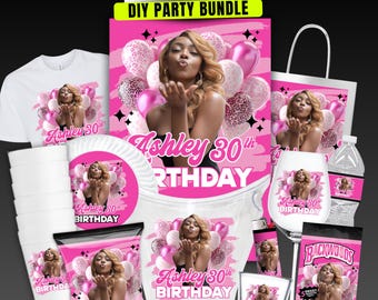 May include: A DIY party bundle template featuring a woman blowing a kiss, pink balloons, and the text "Ashley 30th Birthday." Includes a t-shirt, paper plates, cups, a tote bag, water bottle labels, a wine glass, a shot glass, and snack packaging.