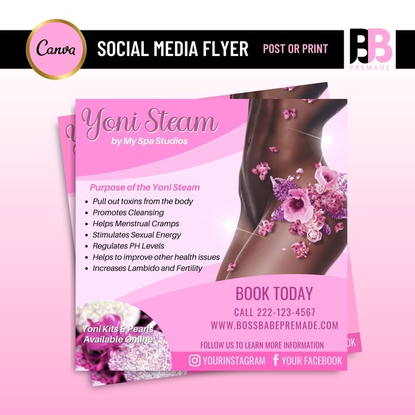 YONI STEAM FLYER, Feminine Care Flyer, Sip and steam flyer, feminine care products, feminine hygiene template, vaginal care flyer, Canva