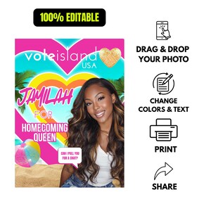 May include: A promotional graphic with the text "Vote Island USA" and "Jamilah for Homecoming Queen." The image features a woman with long, wavy hair and a smiling expression. A beach ball and palm trees are also visible.