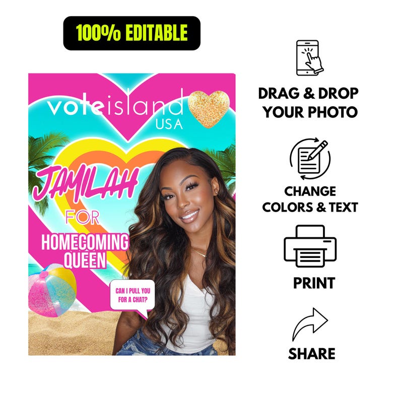 May include: A promotional graphic with the text "Vote Island USA" and "Jamilah for Homecoming Queen." The image features a woman with long, wavy hair and a smiling expression. A beach ball and palm trees are also visible.