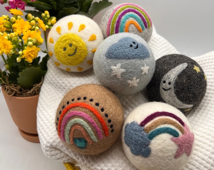 Featured listing image: Fluff Ewes "Rain(bow) or Shine" 100% Premium Wool Dryer Balls, 6-pack, Natural Fabric Softener, Eco-Friendly