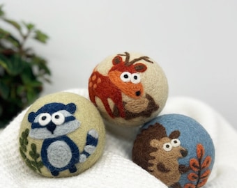 Fluff Ewes "Hedgehog & Homies" Woodland Themed 100% Premium Wool Dryer Balls, 3-pack, Natural Fabric Softener, Eco-Friendly