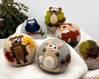 Fluff Ewes "Hedgehog & Homies" Woodland Themed 100% Premium Wool Dryer Balls, 6-pack, Natural Fabric Softener, Eco-Friendly