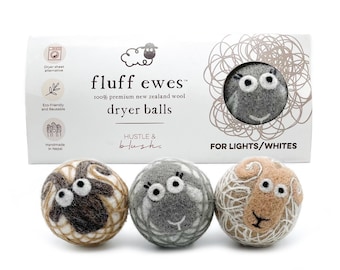 Fluff Ewes 100% Premium Wool Dryer Balls for Whites & Lights 3 pack Natural Fabric Softener, Eco-Friendly