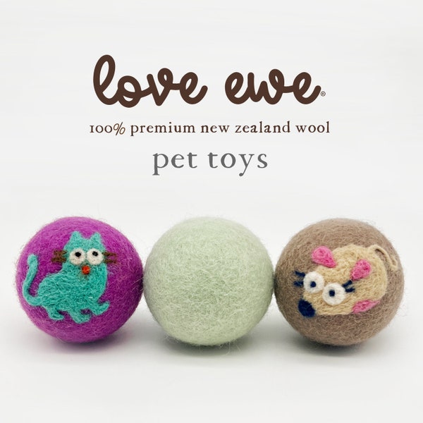 Love Ewe Handmade Felt Pet Toys for Cats, Kittens, Dogs, Small Pets: Planet Friendly, Natural Dye, 3-Pack, Cat/Mouse, Bird/Fish, Duck/Bunny