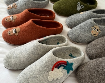 Love Ewe hand-felted organic wool slippers for women or men; Hand-needled, unique designs; Suede sole