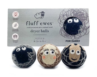 Fluff Ewes 100% Premium Wool Dryer Balls for Darks, 3 pack Natural Fabric Softener, Eco-Friendly & Handmade