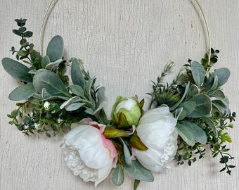 Gold Hoop with Pink and Ivory Flowers with Lambs Ear Wreath, Boho Style Wedding, Nursery Wall Decoration, 14 inch Hoop Wreath