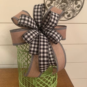 Black and White check Bow | Spring Wreath Bow |  Neutral and check Bow | Linen Bow | Boxwood Bow