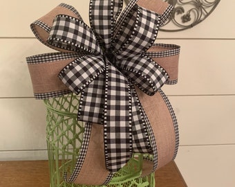 Black and White check Bow | Spring Wreath Bow |  Neutral and check Bow | Linen Bow | Boxwood Bow