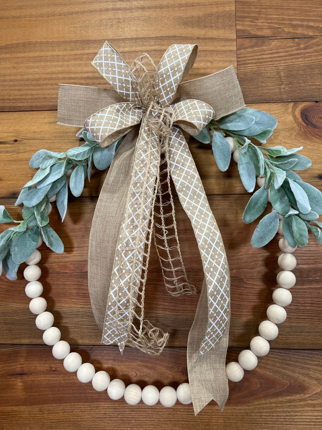 Wood Bead Wreath Natural Hoop Bead Wreath Front Door Wreath