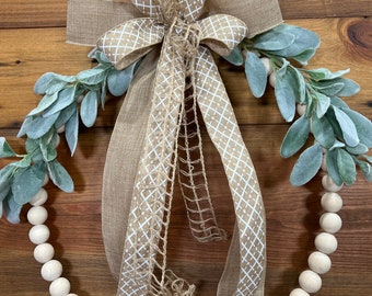 Wood Bead Wreath | Natural Hoop Bead Wreath | Front Door Wreath with Lambs Ear| 18 inch Wreath | Simply Stated Wreath