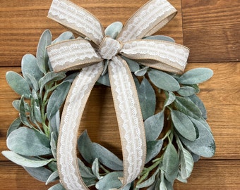 Lambs Ear Wreath for window or cabinet, Simply Stated Wall Decor, choose custom ribbons for kitchen door decor