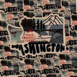 May include: A sticker featuring a stylized illustration of the state of Washington. The sticker is white with blue and black outlines. The sticker features a ferry, a fish, a bridge, a mountain, a waterfall, a Ferris wheel, a clock, and the words "Public Market Center". The sticker also features the word "WASHINGTON" in a large, stylized font.