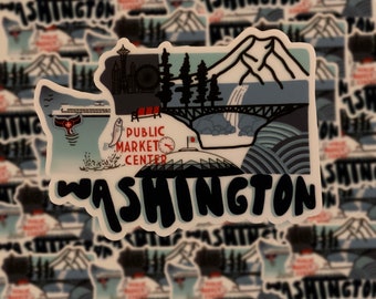 May include: A sticker featuring a stylized illustration of the state of Washington. The sticker is white with blue and black outlines. The sticker features a ferry, a fish, a bridge, a mountain, a waterfall, a Ferris wheel, a clock, and the words "Public Market Center". The sticker also features the word "WASHINGTON" in a large, stylized font.