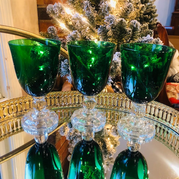 Beautiful Vintage Victorian Green Low Water Goblet Trio by Fostoria (Also Known as Empire Green)