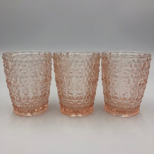 Festive Jeannette Pink Holiday “Buttons and Bows” Raised Footed Tumblers Set of Three 8 oz