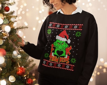 Suéter navideño feo, monstruo verde, sudadera unisex F Them Kids, sudadera navideña FTK, humor para adultos,