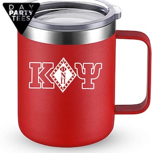May include: Red stainless steel travel mug with a white logo that says "ΚΦΨ" and a diamond shape with the letters "ΦΝΠ" inside.