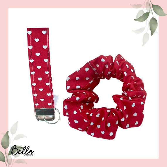 Red Cotton White Heart Scrunchie and Keychain Set | Red & White Cotton Scrunchie Keychain Set | Accessory Gift Set for Her