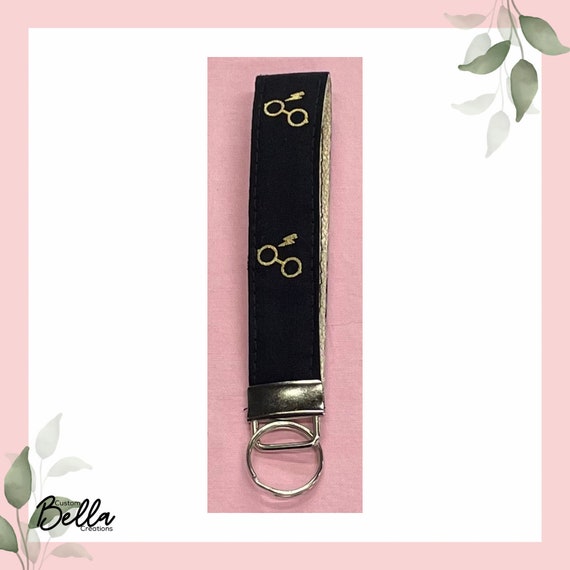 Harry Potter Metallic Cotton and Vegan Leather Keychain | Harry Potter Glasses and Blot Leather Key Fobs | Cotton and Vegan Leather Keychain
