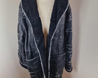 Womens Vintage Black Leather Patchwork Hooded Coat Jacket Sheepskin Grunge XL