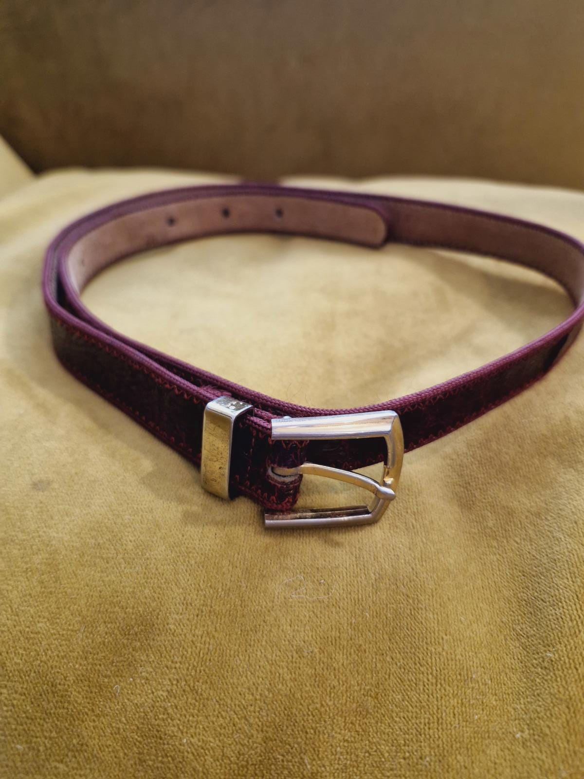 Vintage Mobwife Statement Leather Belt Burgundy Croc Embossed Gold Buckle S/M Gold Buckle Belt | Cherry Lacquer Classic Croc | BRAHMIN main image 2