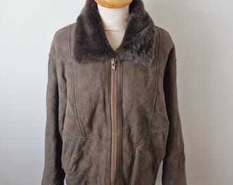Womens Vintage 80s Grey Sheepskin Suede Shearling Coat Bomber Flight Jacket L