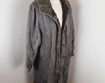 Womens Vintage Long Grey Leather Sheepskin Jacket Coat L