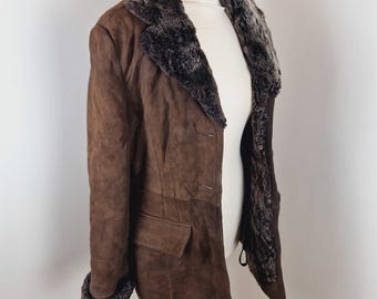 Womens Vintage Sheepskin Coat Jacket Warm Shearling Suede S