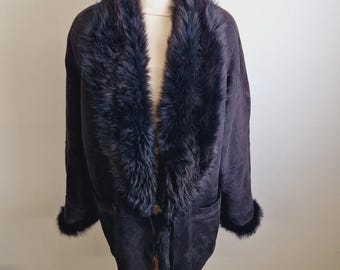 Womens Vintage Suede Sheepskin Shearling Coat Bomber Jacket L UK16