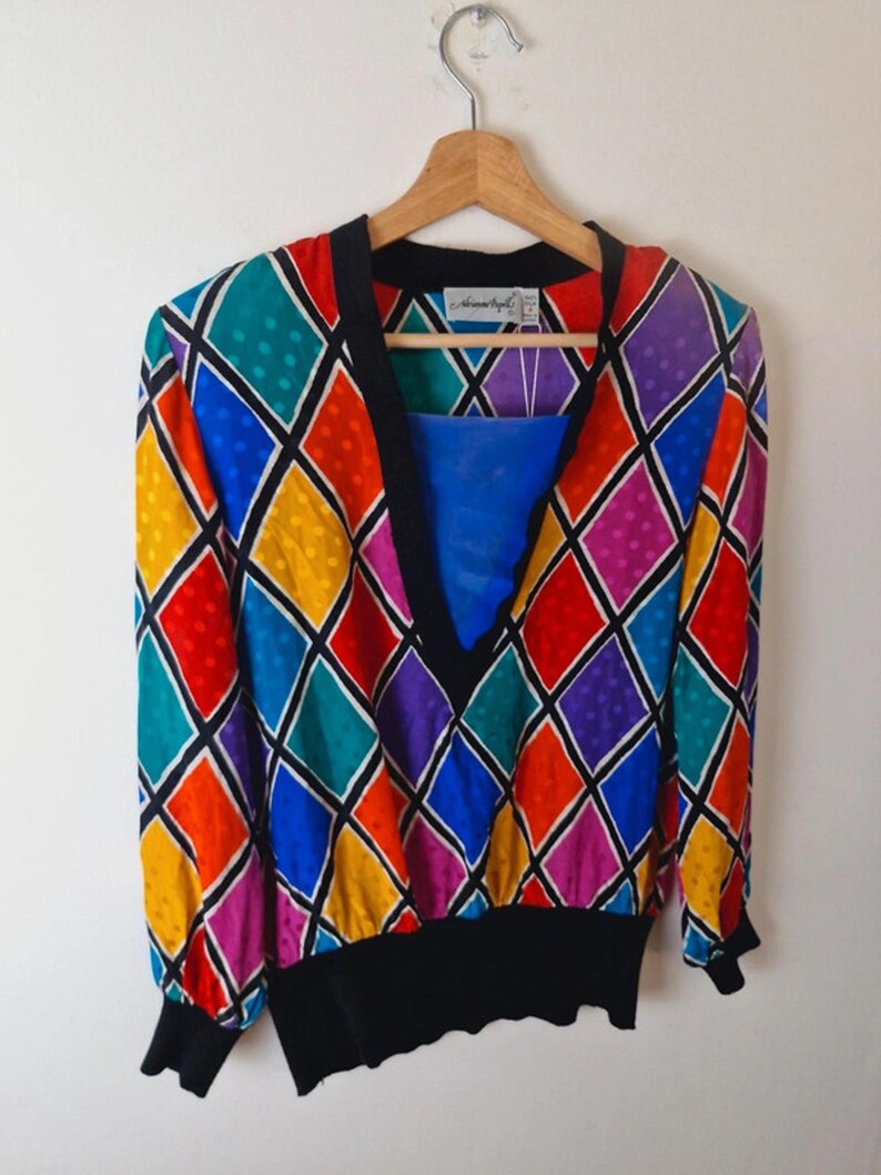 Damski sweter vintage z jedwabiu Adrianna Papell Rainbow Funky Top UK10 zdjęcie 8