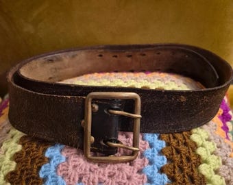 Vintage 1980s Military Soviet Genuine Real Leather Belt Gold Buckle