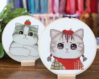 Kreuzstich-Set mit vorgedrucktem Motiv von süßer Katze - zwei Variationen zur Auswahl - Kreuzstich-Kit - DIY Geschenk für Mama oder Freundin