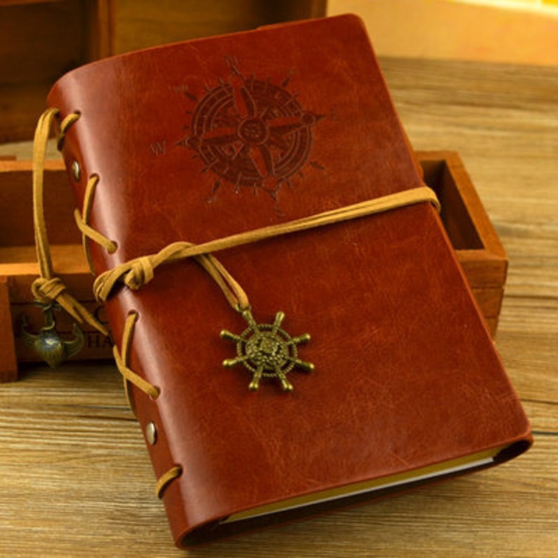 Vintage Tagebuch A5 A6 mit Kompass Emblem, Journal Tagebuch 2024, Lederoptik nachfüllbar, Geschenk Geburtstag Hochzeit A6