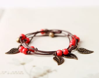 Handmade Bracelet Anklet with ceramic beads, leaves & bells, not adjustable, ideal gift for mom, girlfriend or sister