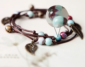 Handmade Bracelet Anklet with ceramic beads, leaves & bells, not adjustable, ideal gift for mom, girlfriend or sister